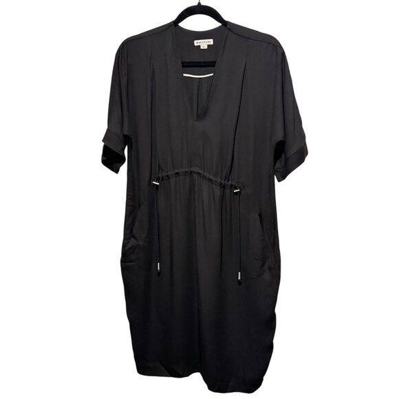 WHISTLES Frances Gathered Drawstring Short Sleeve Black Dress Womens Size 2 - Picture 3 of 13
